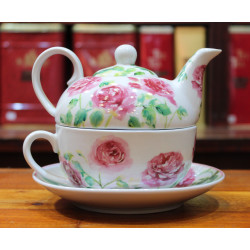 Théière solitaire Flowers 415 ml + Tasse : 270 ml + sous tasse coloris  panachés rose/bleu- porcelaine- Ard'time